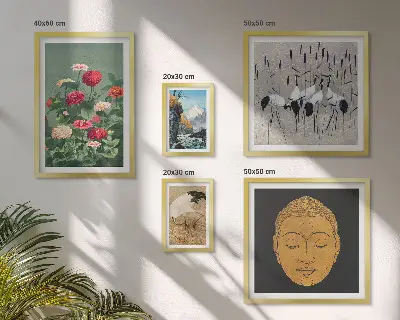 Billedsæt over sofa med asiatiske blomsterlandskaber