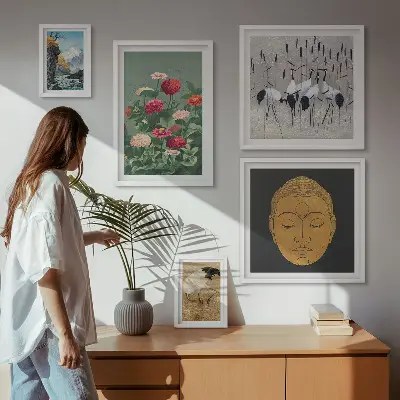 Billedsæt over sofa med asiatiske blomsterlandskaber