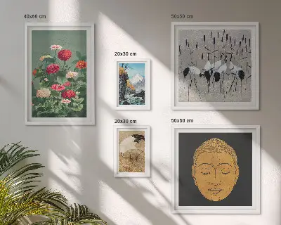 Billedsæt over sofa med asiatiske blomsterlandskaber