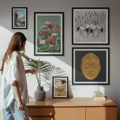 Billedsæt over sofa med asiatiske blomsterlandskaber