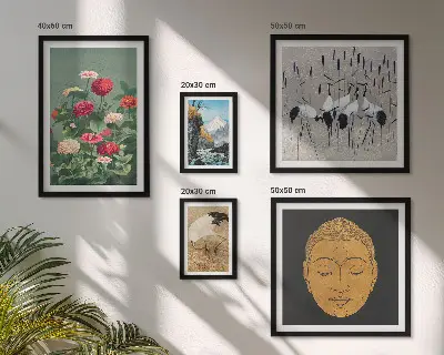 Billedsæt over sofa med asiatiske blomsterlandskaber