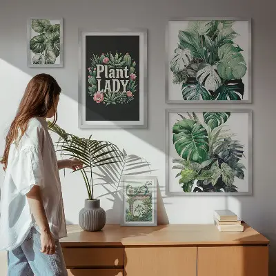 Billedsæt til væg med boheme-inspirerede planter i grønne nuancer