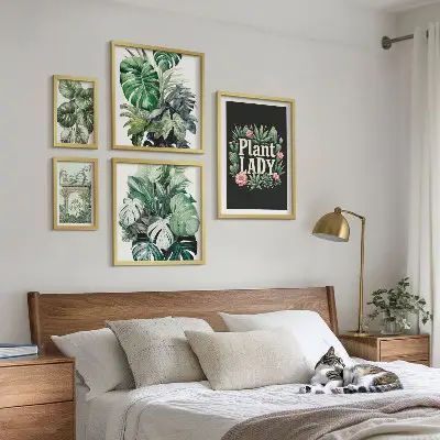 Billedsæt til væg med boheme-inspirerede planter i grønne nuancer
