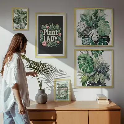 Billedsæt til væg med boheme-inspirerede planter i grønne nuancer