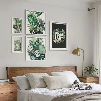 Billedsæt til væg med boheme-inspirerede planter i grønne nuancer