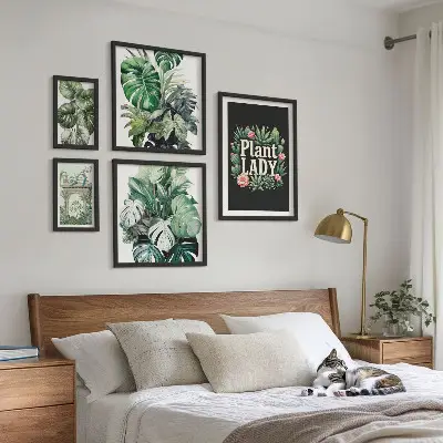 Billedsæt til væg med boheme-inspirerede planter i grønne nuancer