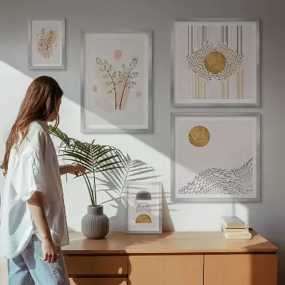 Billedsæt over sofa med minimalistiske plantemotiver