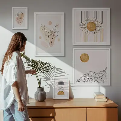 Billedsæt over sofa med minimalistiske plantemotiver