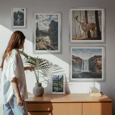 Billedkomposition til væg med landskaber af natur, vandfald og fauna