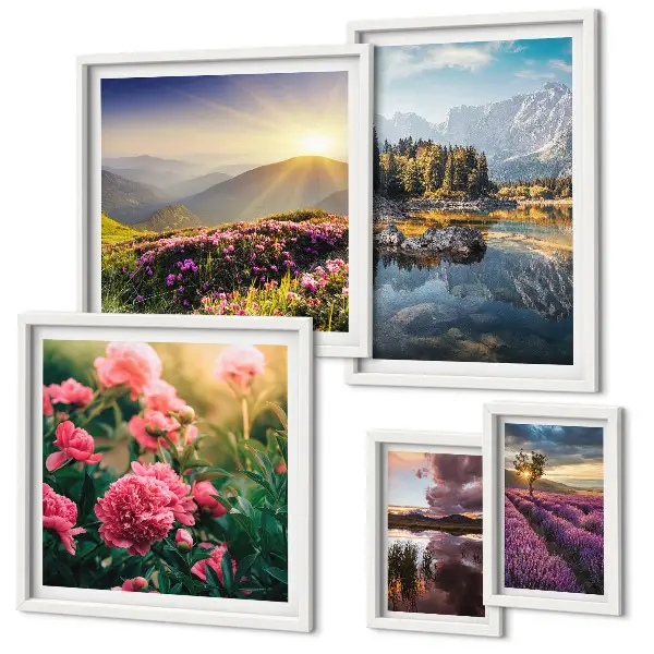 Billedsæt over sofa med motiver af landskaber, natur, blomster og bjerge
