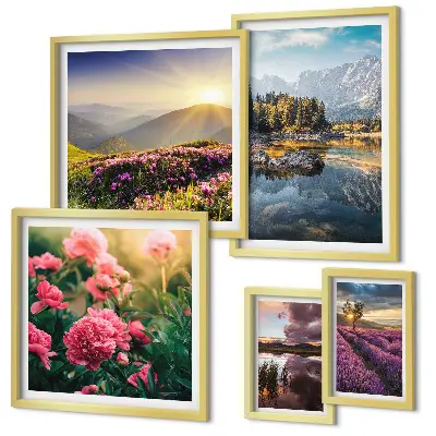 Billedsæt over sofa med motiver af landskaber, natur, blomster og bjerge