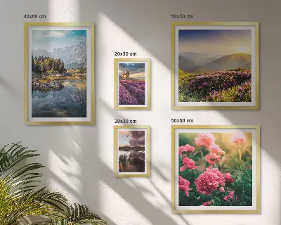 Billedsæt over sofa med motiver af landskaber, natur, blomster og bjerge