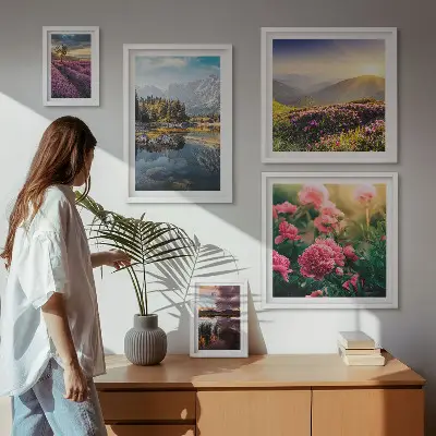 Billedsæt over sofa med motiver af landskaber, natur, blomster og bjerge
