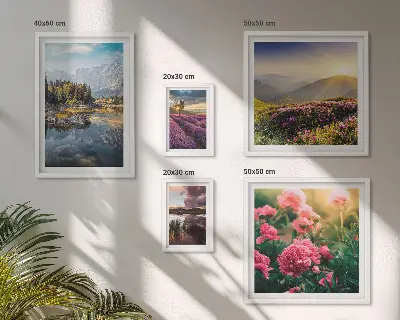 Billedsæt over sofa med motiver af landskaber, natur, blomster og bjerge