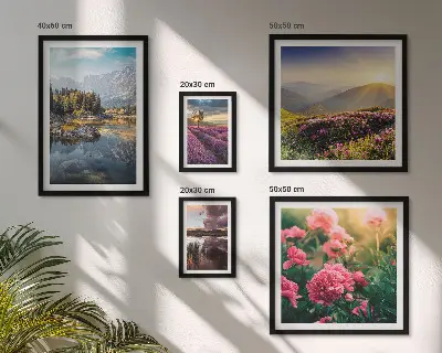 Billedsæt over sofa med motiver af landskaber, natur, blomster og bjerge