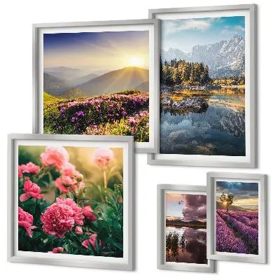 Billedsæt over sofa med motiver af landskaber, natur, blomster og bjerge