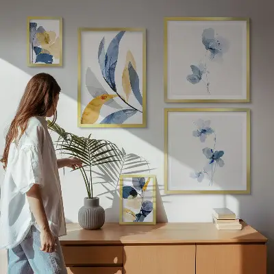 Billedkomposition til væg plantemotiver i pastelfarver til interiør