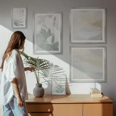 Billedsæt over sofa med grå og hvide plantemotiver