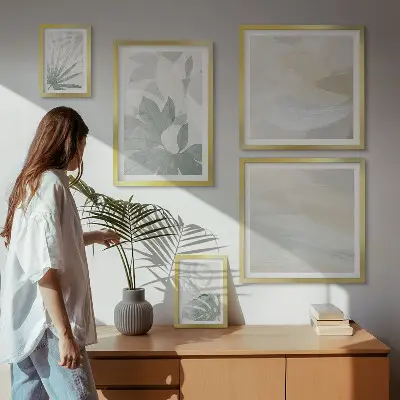 Billedsæt over sofa med grå og hvide plantemotiver