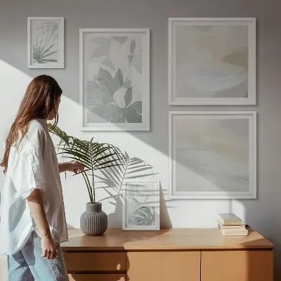 Billedsæt over sofa med grå og hvide plantemotiver