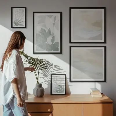 Billedsæt over sofa med grå og hvide plantemotiver