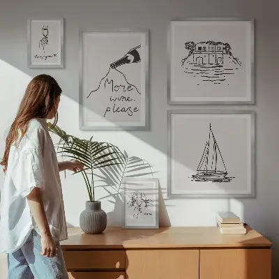 Billedsæt til væg over sofa stilfuld grafik med vintema til afslapning