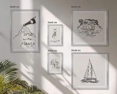 Billedsæt til væg over sofa stilfuld grafik med vintema til afslapning