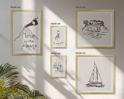 Billedsæt til væg over sofa stilfuld grafik med vintema til afslapning