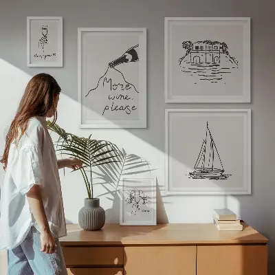 Billedsæt til væg over sofa stilfuld grafik med vintema til afslapning
