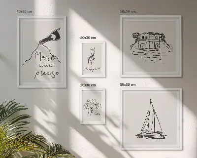 Billedsæt til væg over sofa stilfuld grafik med vintema til afslapning