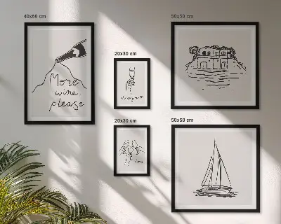 Billedsæt til væg over sofa stilfuld grafik med vintema til afslapning