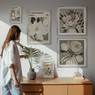 Billedsæt til over sofaen med blomstermønstre fra London og Seoul