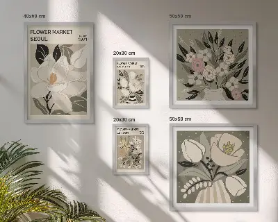 Billedsæt til over sofaen med blomstermønstre fra London og Seoul