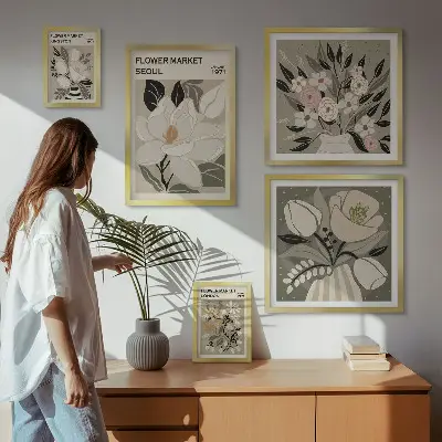 Billedsæt til over sofaen med blomstermønstre fra London og Seoul