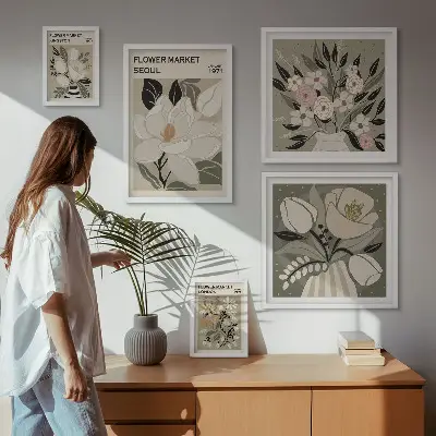 Billedsæt til over sofaen med blomstermønstre fra London og Seoul