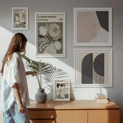 Billedkomposition til væg med stilfulde blomsterarrangementer