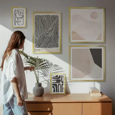 Billedsæt over sofa med minimalistiske abstrakte jordmønstre