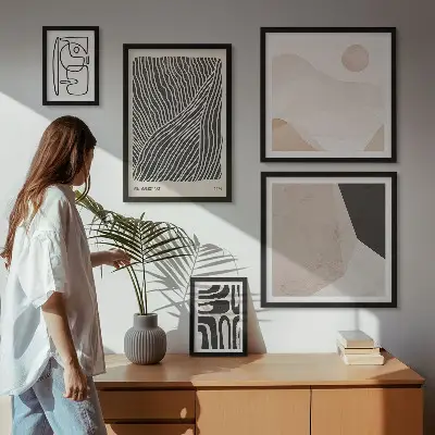 Billedsæt over sofa med minimalistiske abstrakte jordmønstre
