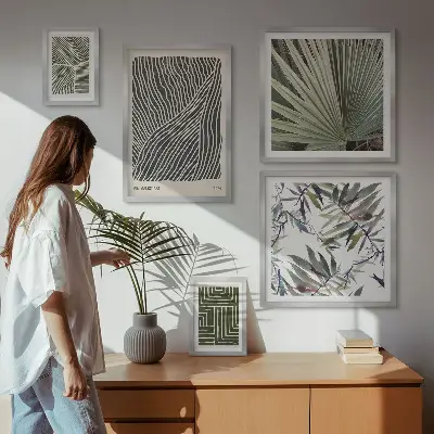 Billedkomposition til væg med minimalistiske plantemønstre