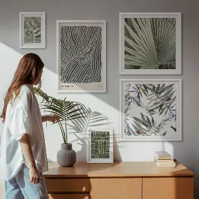 Billedkomposition til væg med minimalistiske plantemønstre