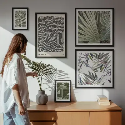 Billedkomposition til væg med minimalistiske plantemønstre