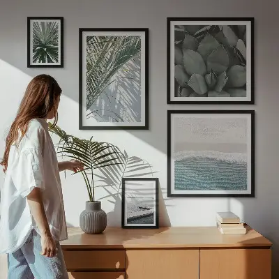 Billedsæt over sofa med motiv af tropiske planter ved havet