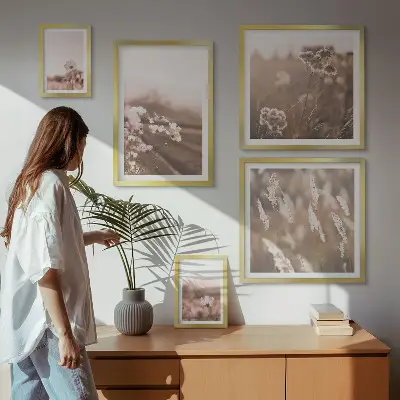 Billedsæt over sofa med motiver af delikate blomster