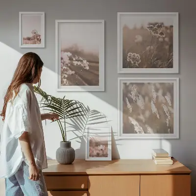Billedsæt over sofa med motiver af delikate blomster