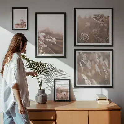Billedsæt over sofa med motiver af delikate blomster