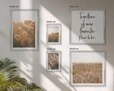 Billedkomposition til væg med naturlandskaber, blomster og ordsprog