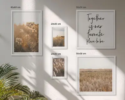Billedkomposition til væg med naturlandskaber, blomster og ordsprog