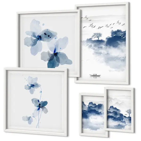 Billedsæt til sofa motiver af landskaber, blomster og vand