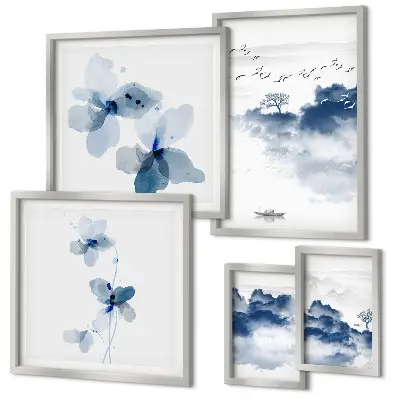 Billedsæt til sofa motiver af landskaber, blomster og vand