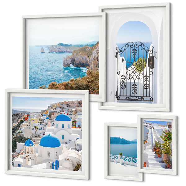 Billedkomposition til væg Santorini huse med blåt hav